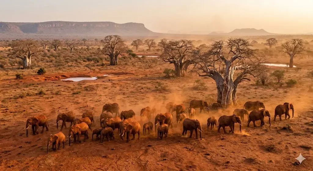 Tsavo East & West — Red elephants and lava country.